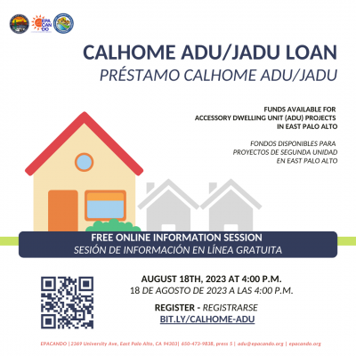 CalHome ADU/JADU Loan Program Informational on August 18, 2023 at 4pm, register at bit.ly/calhome-adu