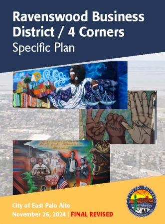Cover of final Specific Plan, showing murals on top of an aerial of East Palo Alto in tracked changes