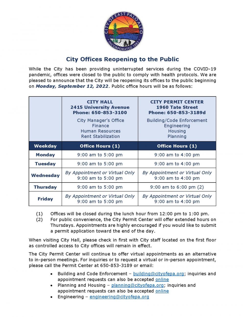 City Hours City of East Palo Alto